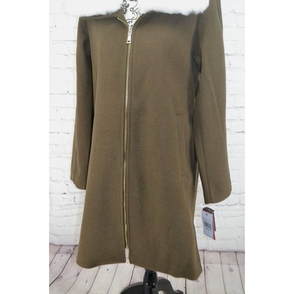 VINCE CAMUTO Women's Detachable Faux Fur Collar Full Zip Peacoat SMALL Olive NWT - Picture 3 of 10